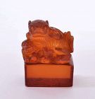 19C Chinese Honey Cognac Amber Carved Fu Dog Lion Seal Chop