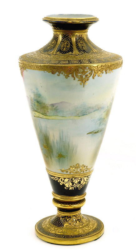 Japanese Nippon Cobalt Blue Gold Bead Roses Pedestal Vase
