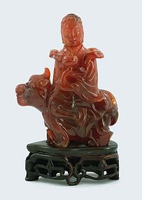 19C Chinese Agate Carnelian Carved Kwan Yin Buddha Beast