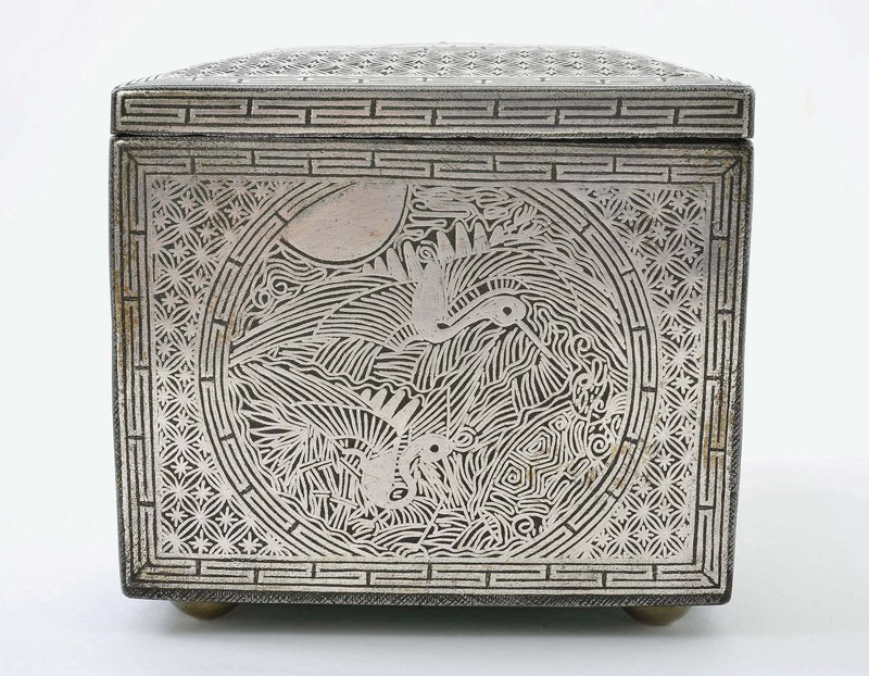 19C Korean Iron Silver Inlay Box Deer &amp; Crane