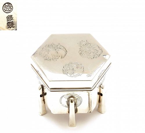 Japanese Silver Hexagon Presentation Box Flowers Mk