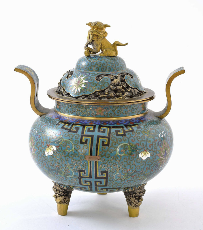 Chinese Gilt Cloisonne Censer Fu Dog Lion Lao Tian Li