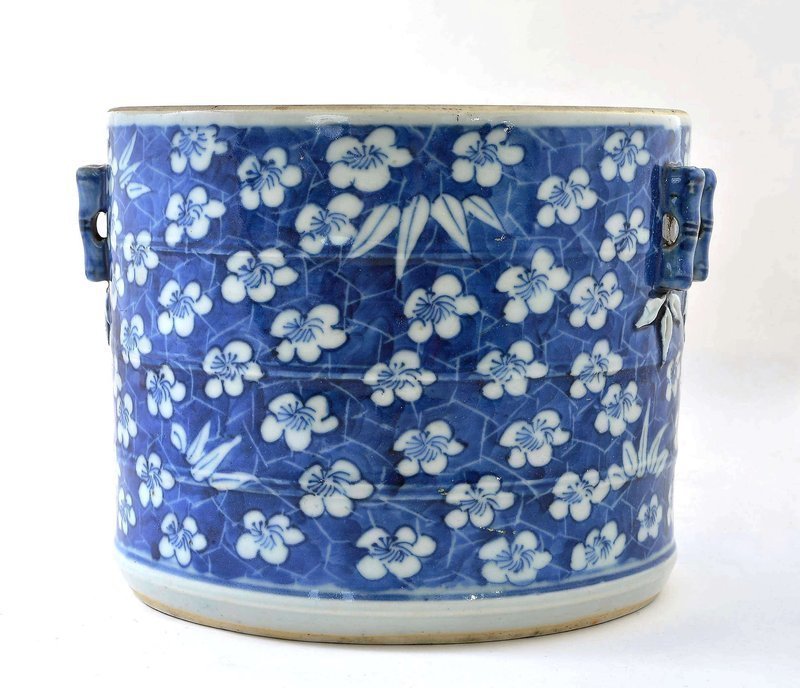 Late 19C Chinese Blue & White Bamboo Brush Pot