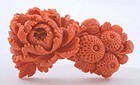 Chinese Red Coral Carved Flower Pendant Pin Brooch