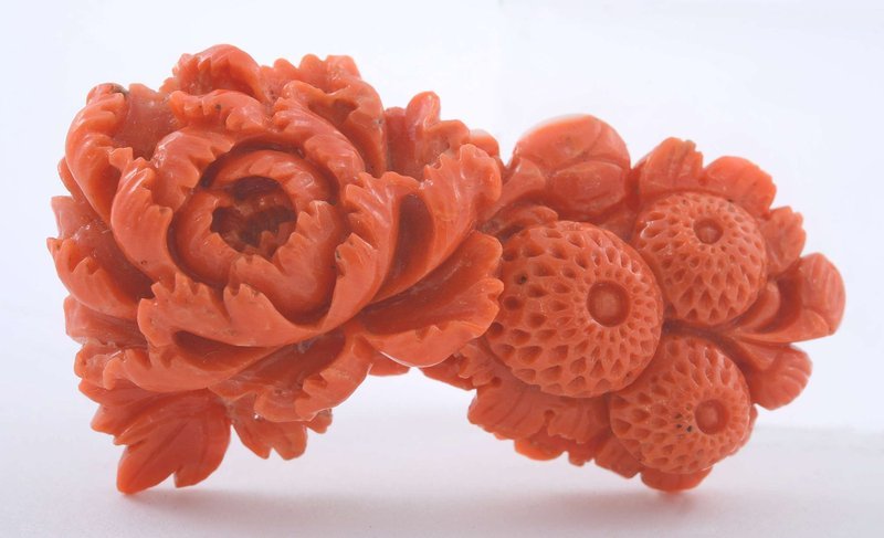 Chinese Red Coral Carved Flower Pendant Pin Brooch