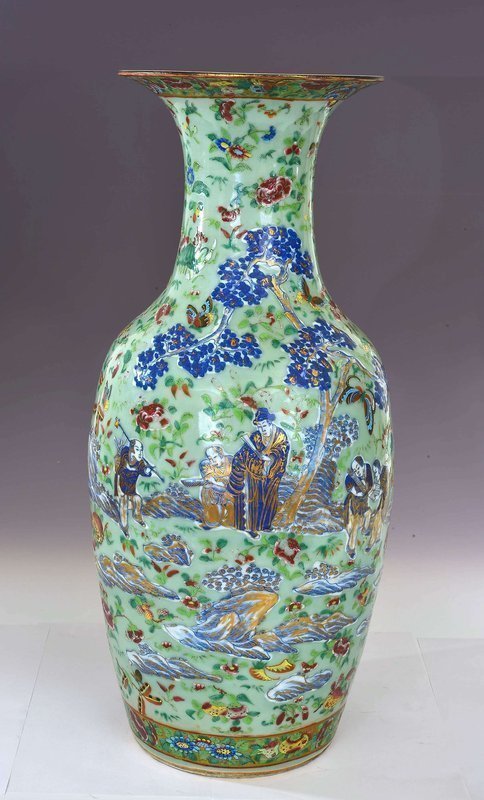 Lg 19C Chinese Celadon Famille Rose Medallion Vase