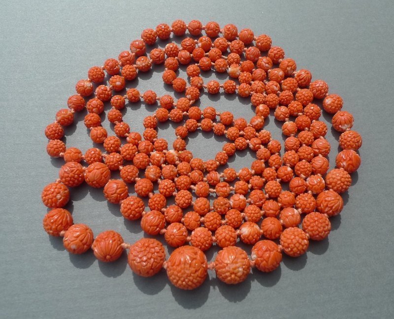 Chinese Red Coral Carved Flower Bead Necklace
