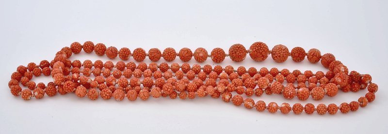 Chinese Red Coral Carved Flower Bead Necklace