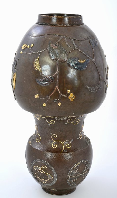 Meiji Japanese Mixed Metal Bronze Gourd Shaped Vase