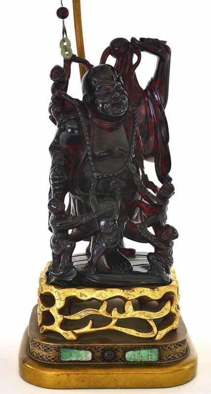Old Lg Chinese Amber Happy Buddha Figurine Jade Lamp