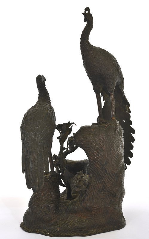 Meiji Japanese Bronze Peacock Peahen Bird Group Okimono