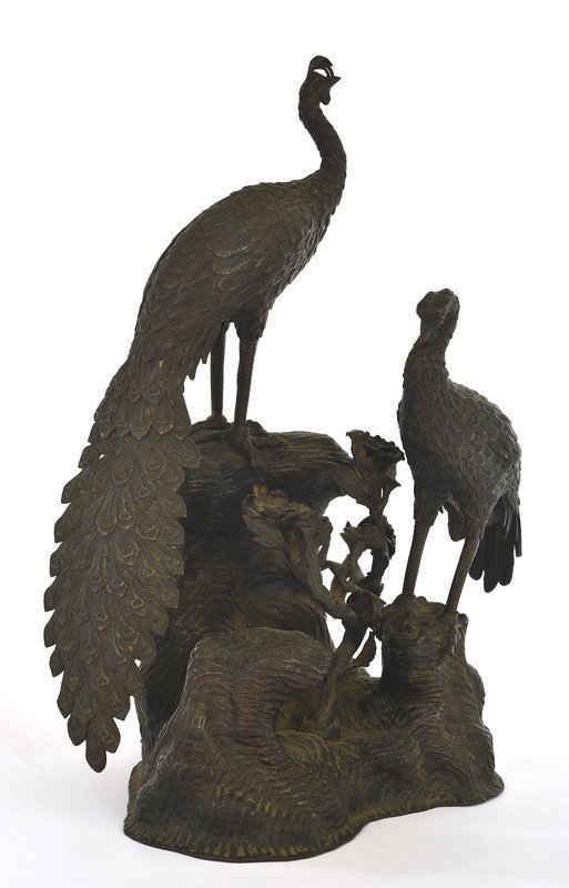Meiji Japanese Bronze Peacock Peahen Bird Group Okimono