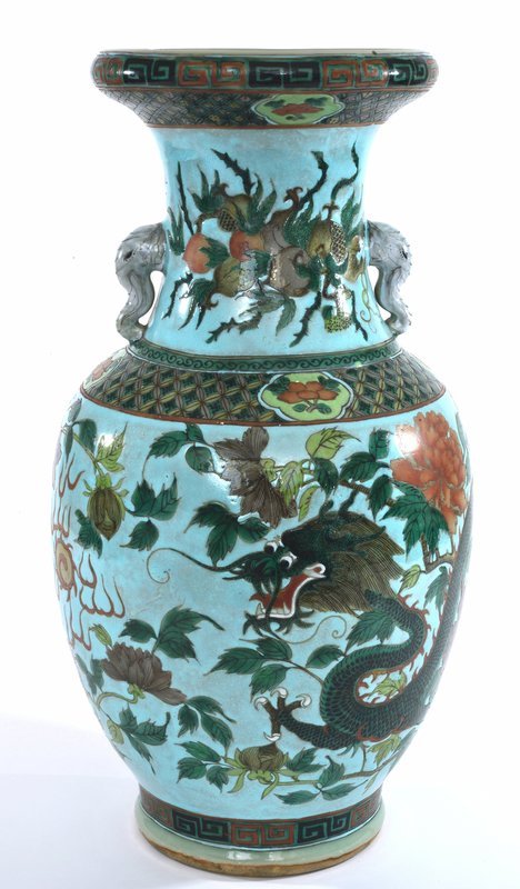 Early 20C Chinese Famille Rose Verte Porcelain Dragon Vase