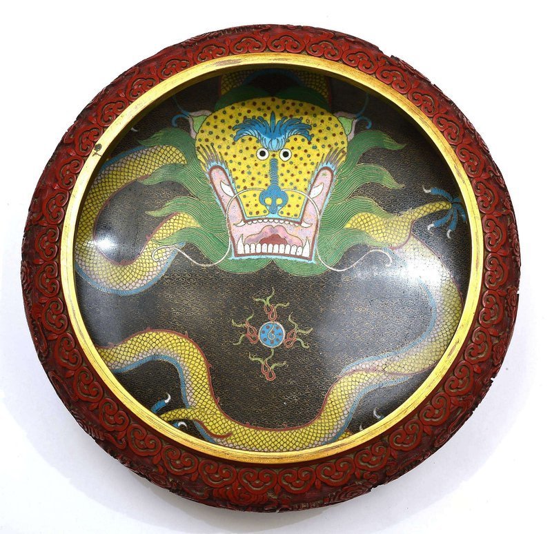 Early 20C  Chinese Cloisonne Enamel  Lacquer Carved Dragon Bowl