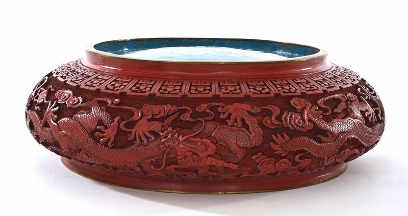 Early 20C  Chinese Cloisonne Enamel  Lacquer Carved Dragon Bowl