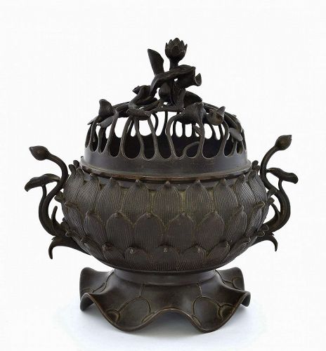 19C Chinese Bronze Lotus Flower Censer