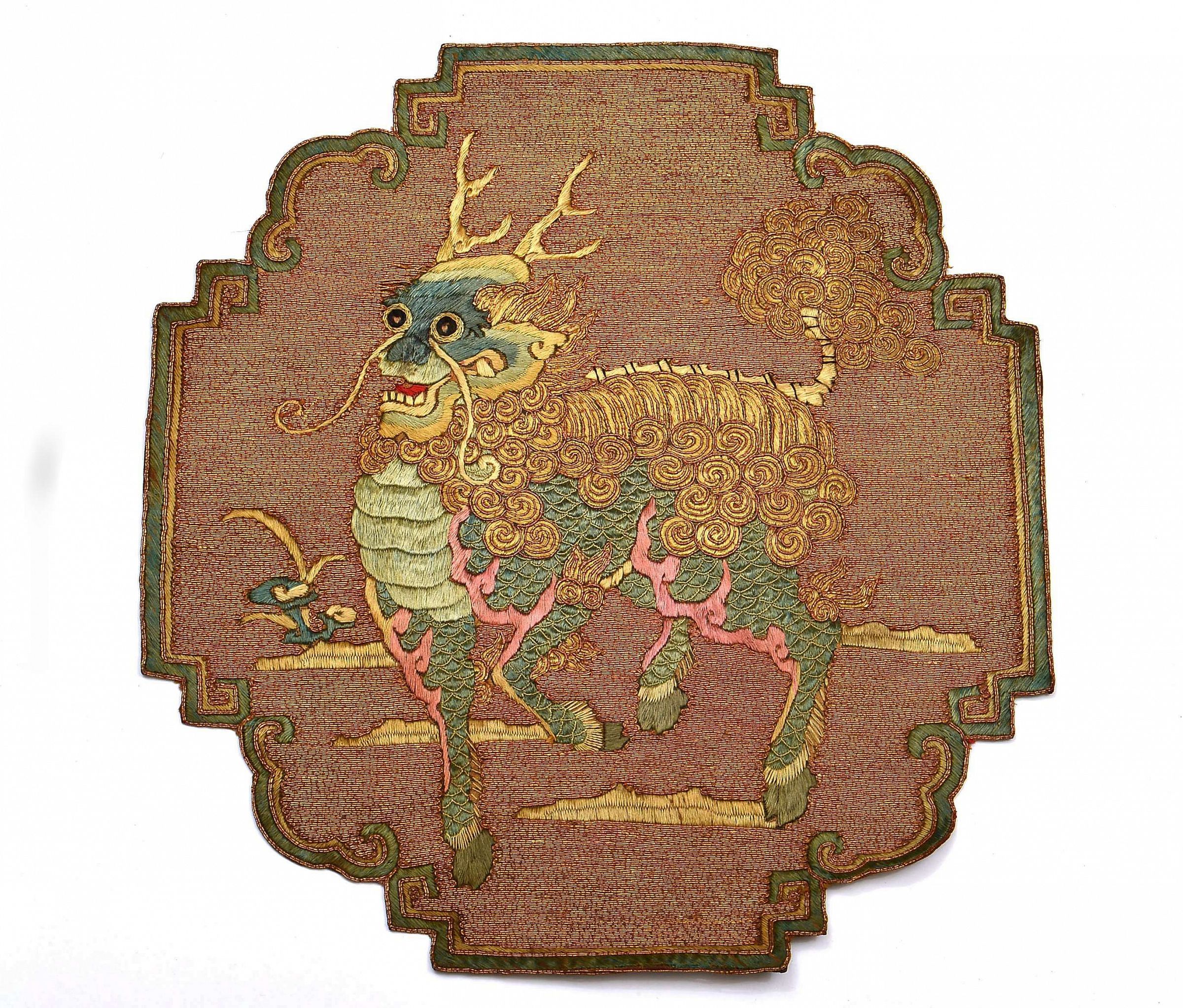 18/19C  Chinese Silk Embroidery Textile Gold Threads Badge Qilin