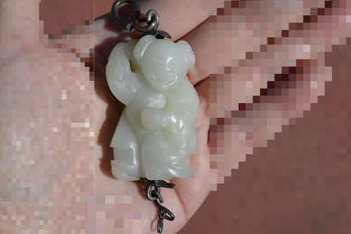 19C Chinese Silver & White Jade Carved Boy Figure Toggle