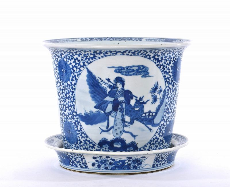 Late 19C Chinese Blue & White Porcelain Planter Lady & Deer