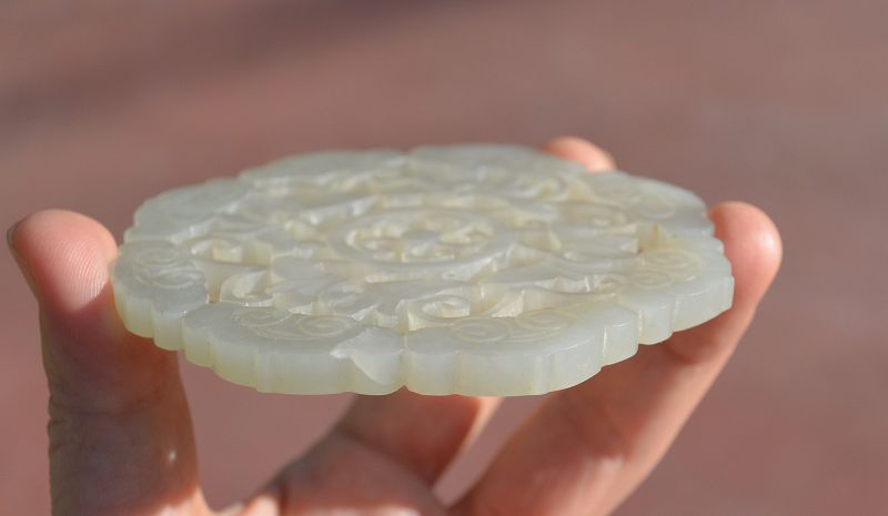 19C Chinese Large White Jade Pendant Plaque Carved Cloud Lily