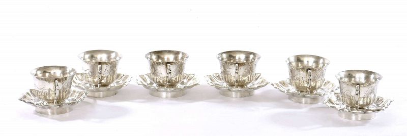 6 Chinese Sterling Silver Tea Cup &amp; Saucer Set Melon &amp; Butterfly Mk