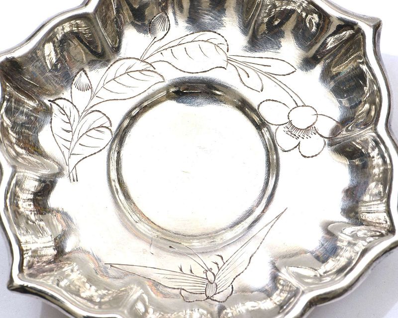 6 Chinese Sterling Silver Tea Cup &amp; Saucer Set Melon &amp; Butterfly Mk