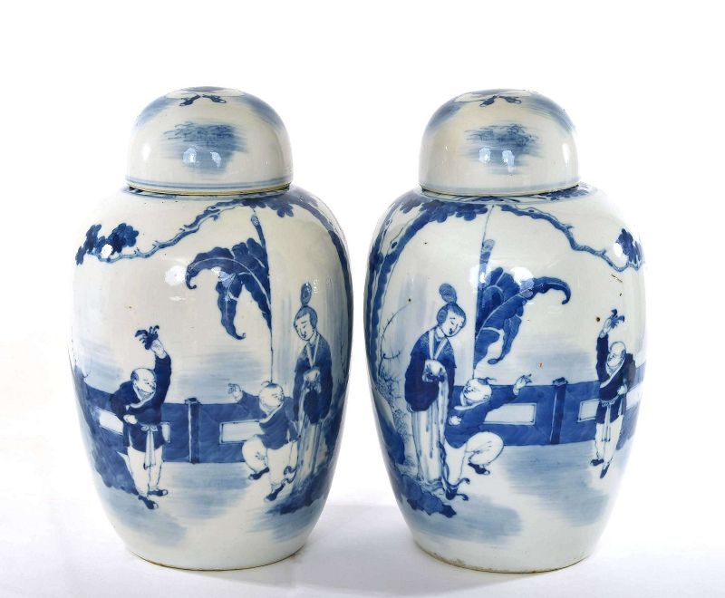 2 19C Chinese Blue & White Porcelain Cover Jar Vase Lady & Boy