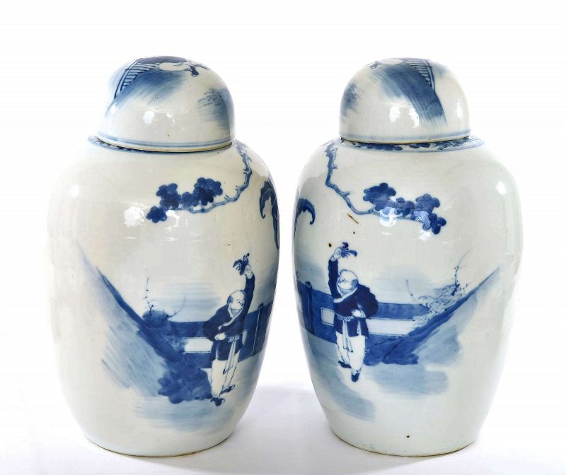 2 19C Chinese Blue &amp; White Porcelain Cover Jar Vase Lady &amp; Boy