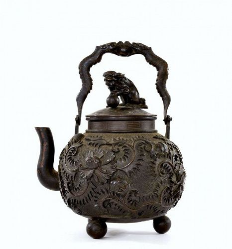 Old Japanese Silver Inlay Bronze Teapot Tetsubin Shishi