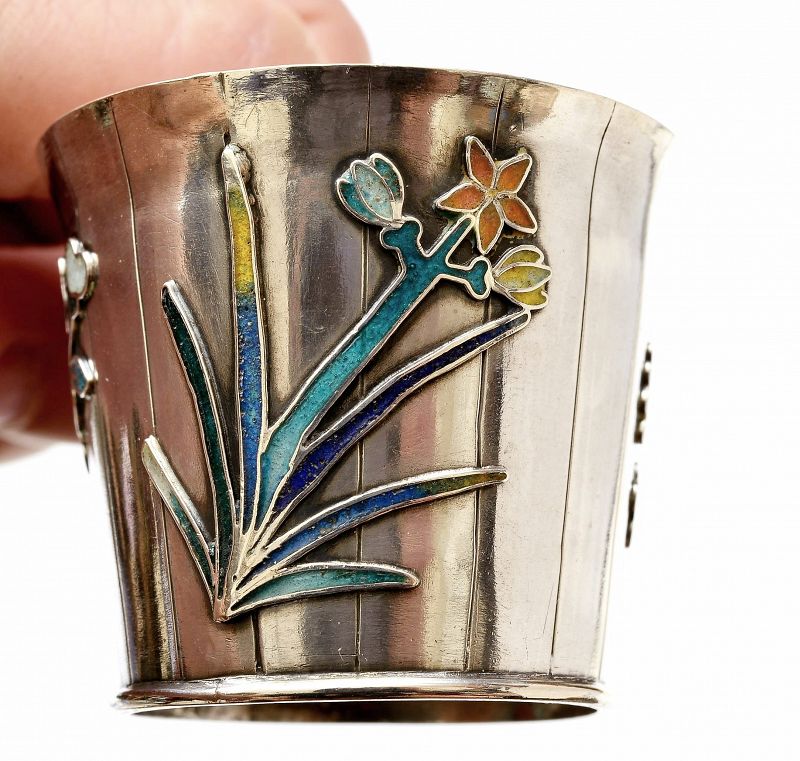 1900's Chinese Silver Enamel Bucket Flower Tea Wine Cup Mk