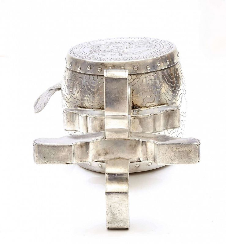 1930's Japanese Sterling Silver Rooster Drum Dragon Okimono