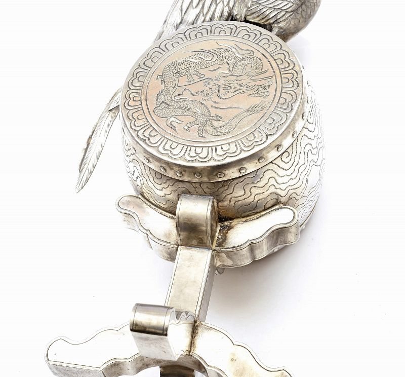 1930's Japanese Sterling Silver Rooster Drum Dragon Okimono