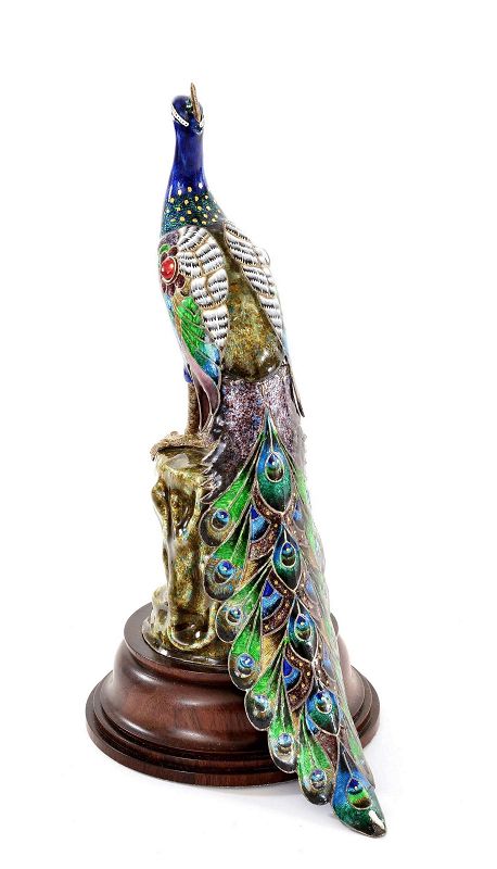 Old India Hindu Juipar Sterling Silver Enamel Jewel Peacock Bird