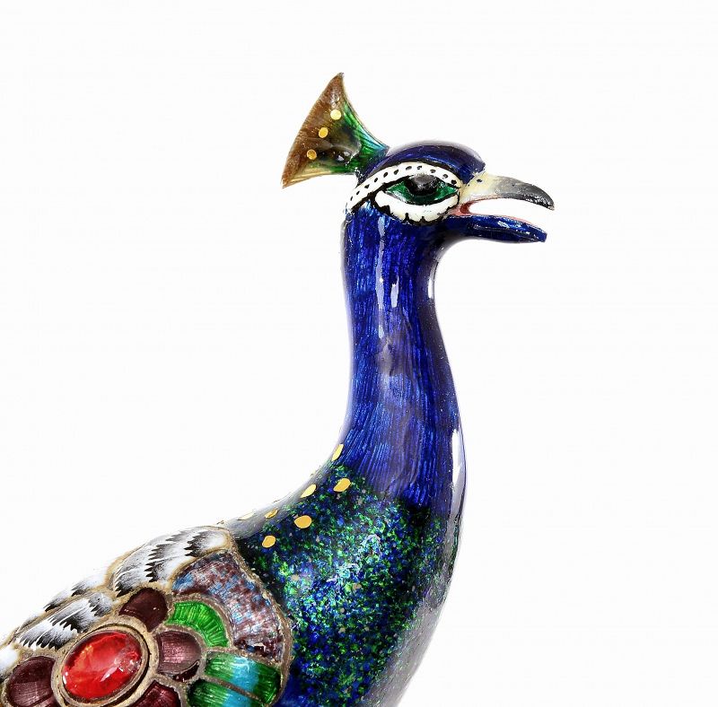 Old India Hindu Juipar Sterling Silver Enamel Jewel Peacock Bird