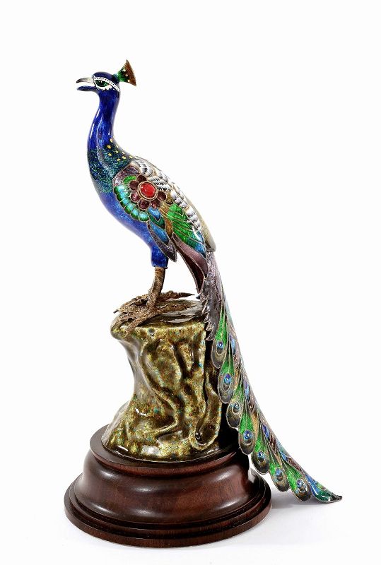 Old India Hindu Juipar Sterling Silver Enamel Jewel Peacock Bird