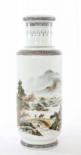 Old Chinese Famille Rose Porcelain Vase Mountain River Scene Poem Mk