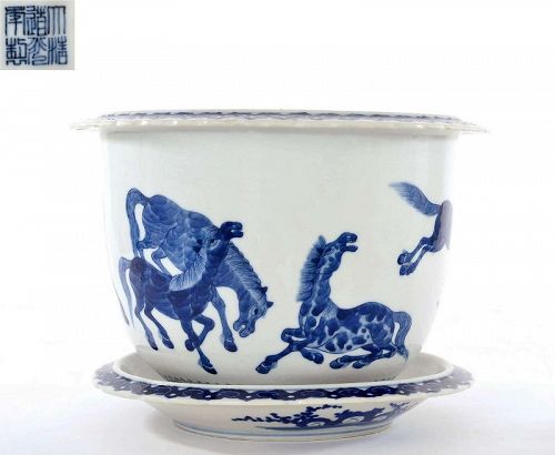1900's Chinese Blue & White Porcelain Planter Pot Horse Marked