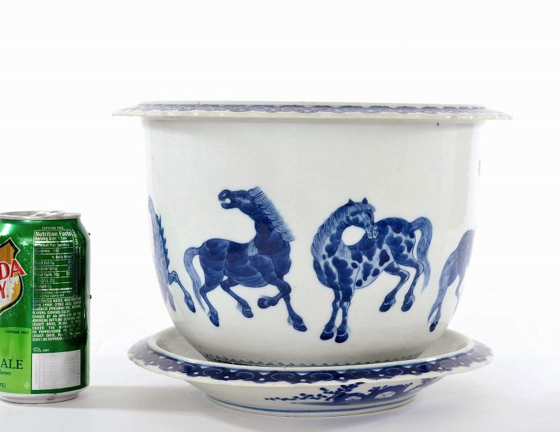 1900's Chinese Blue &amp; White Porcelain Planter Pot Horse Marked
