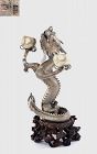Chinese Solid Silver Dragon Candle Holder Wood Carved Stand Mk