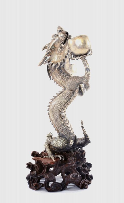 Chinese Solid Silver Dragon Candle Holder Wood Carved Stand Mk