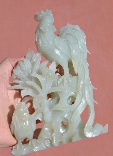 Chinese Cultural Revolution Carved Carving White Jade Rooster Group