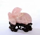 Old Chinese Rose Quartz Carved Carving Magpie  Bird Wood Stand