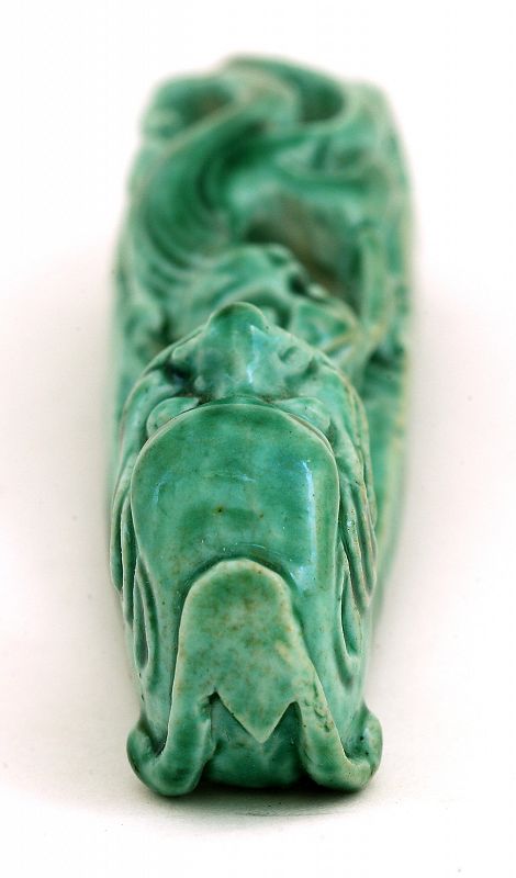 19C Chinese Green Glaze Monochrome Porcelain Belt Hook Dragon