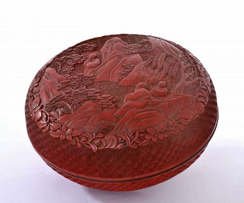 18/19C Chinese Deep Carved Cinnabar Round Box Scholar Figurine Figure