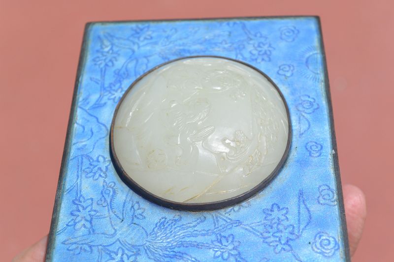 18C Chinese Thick White Jade Carved Plaque Enamel Box