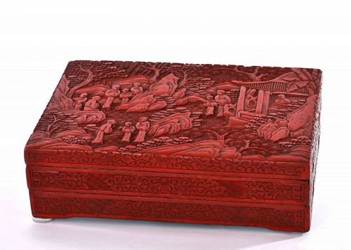 19C Chinese Cinnabar Lacquer Carved 2 Tiers Box Figure