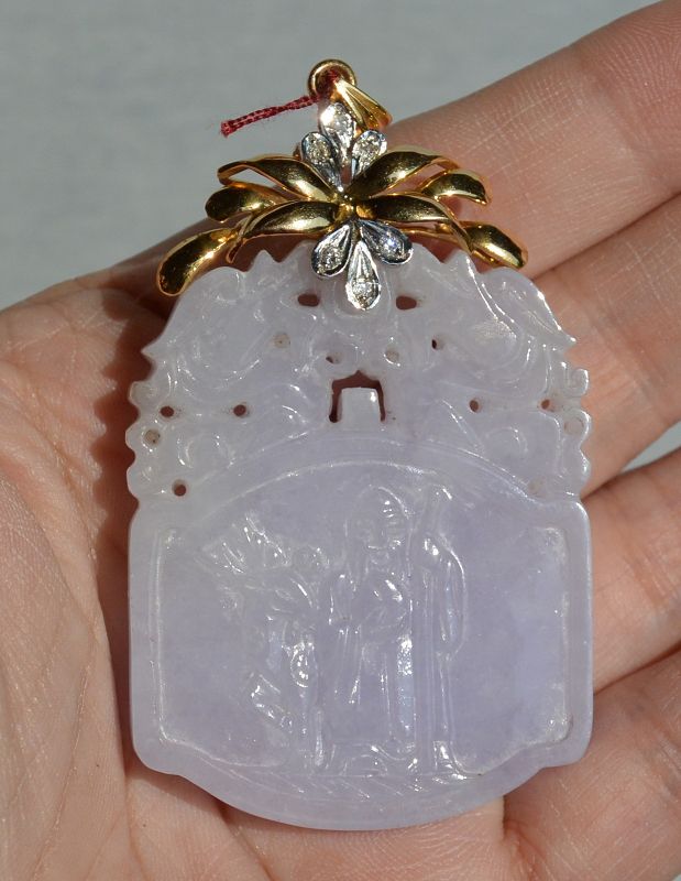 Chinese Lavender Jadeite Carved 14K Gold Diamond Plaque Pendant