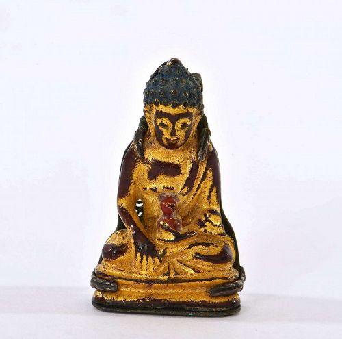 18C Chinese Gilt Lacquer Bronze Miniature Buddha Silver Clip Pin