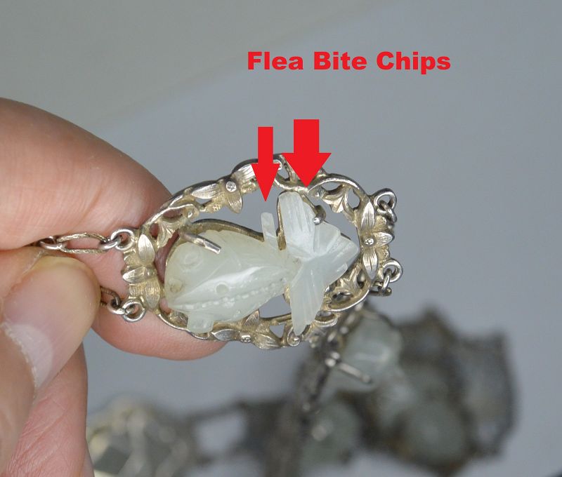 Old Chinese Silver Filigree White Jade Carved Goldfish Necklace