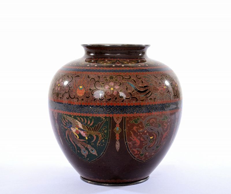 Old Japanese Goldstone Cloisonne Enamel Shippo Phoenix Dragon Vase